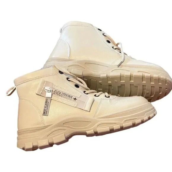 Women's Cream Combat Boots Ankle Zip Plush Lined Winter Casual - Picture 2 of 5